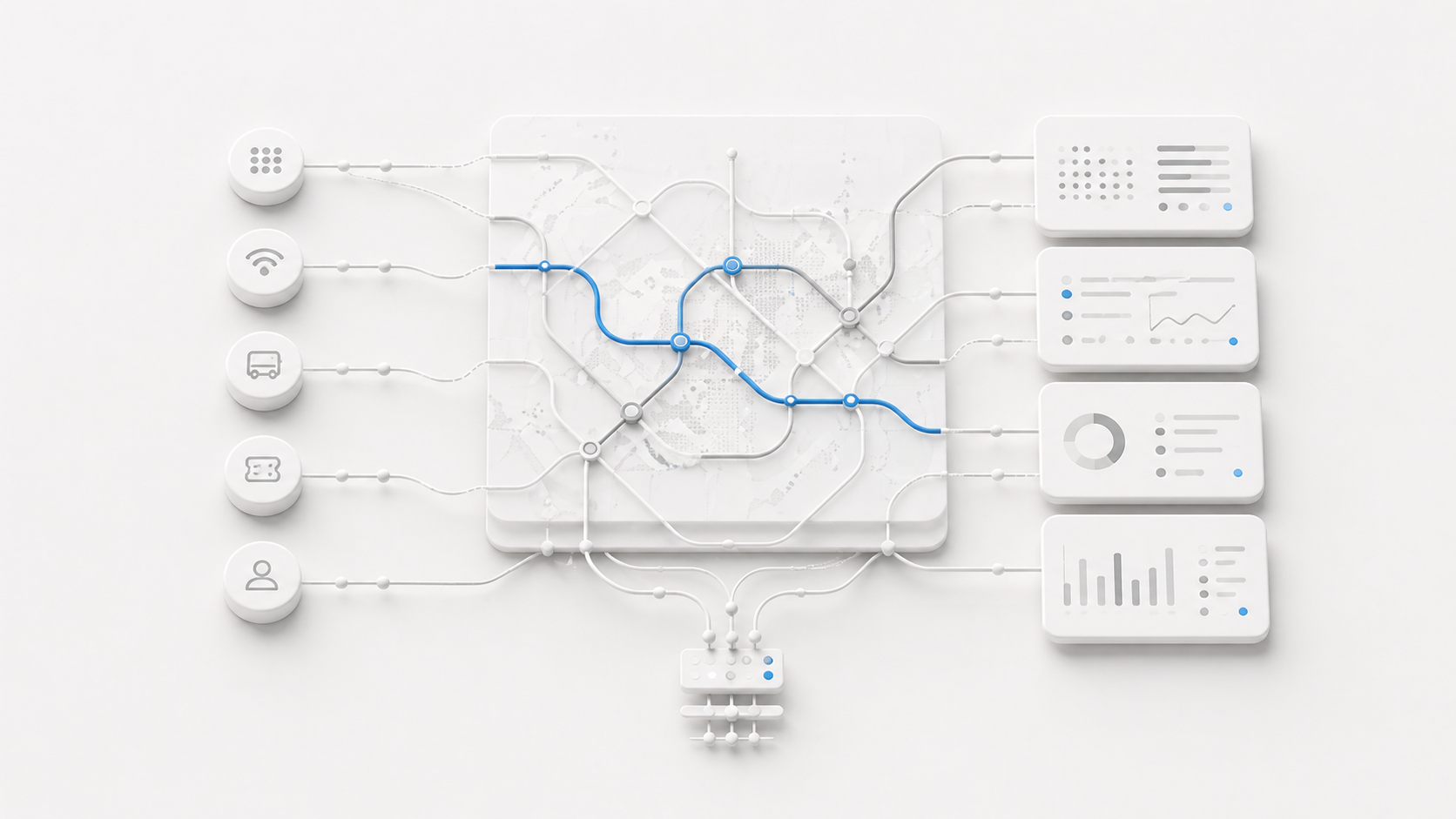 Civic data and systems map shown as layered routes and source markers.