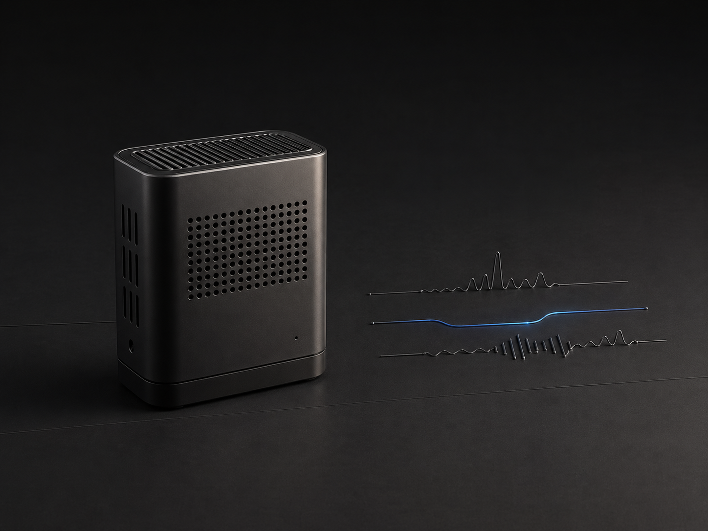 Compact air quality monitor beside measured signal traces.